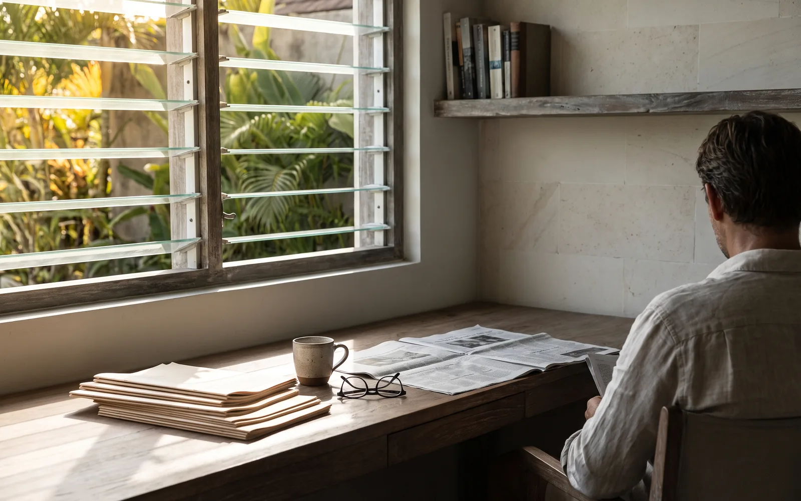 An editorial reading desk in a quiet Bali study, printed reports in considered light