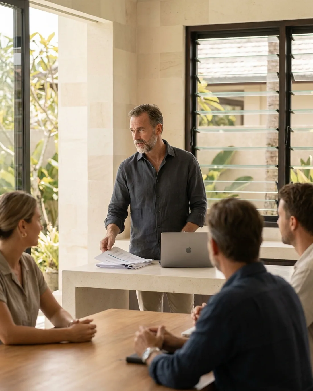 A senior CFO reviewing the work in a calm Bali boardroom