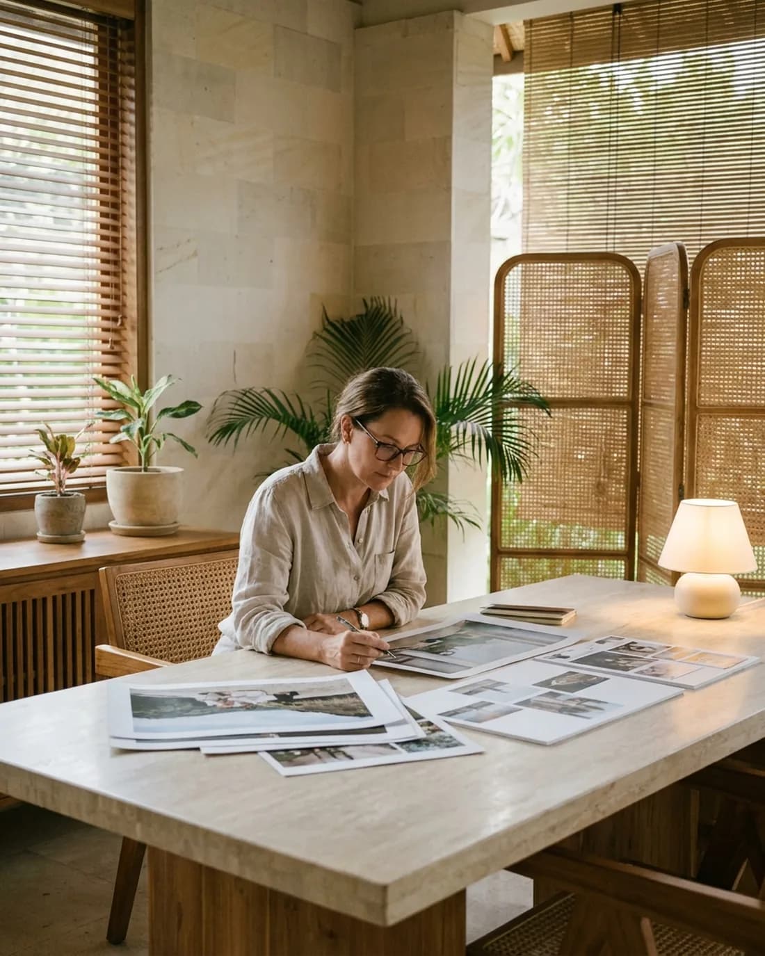 A senior CMO reviewing the work in a calm Bali boardroom