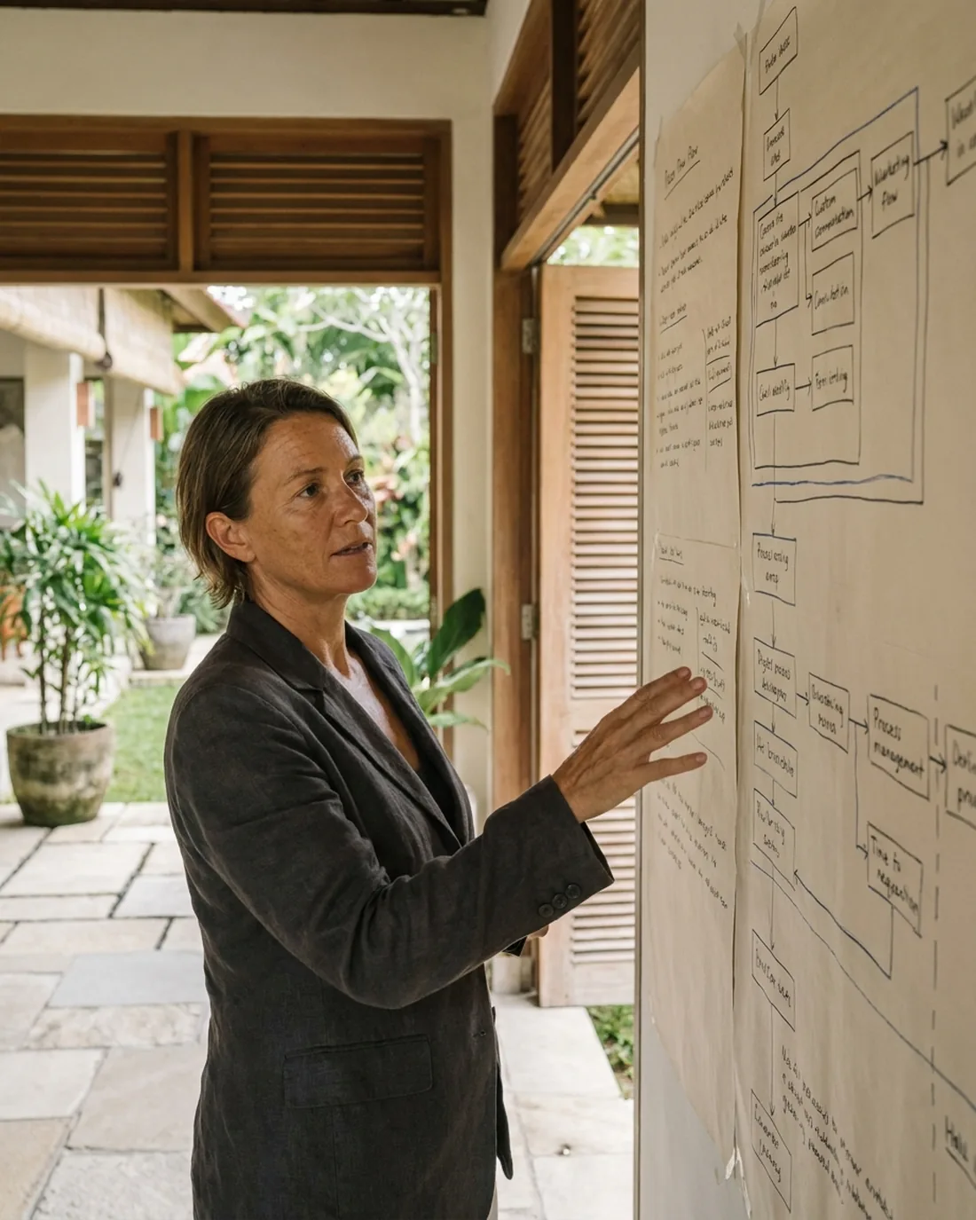 A senior COO reviewing the work in a calm Bali boardroom