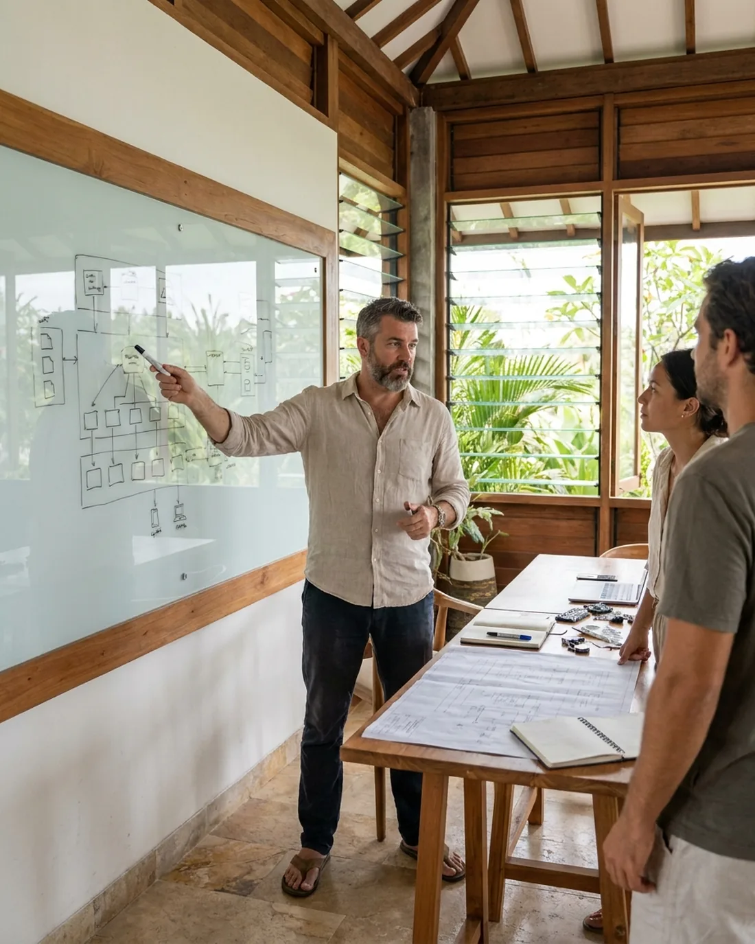 A senior CTO reviewing the work in a calm Bali boardroom