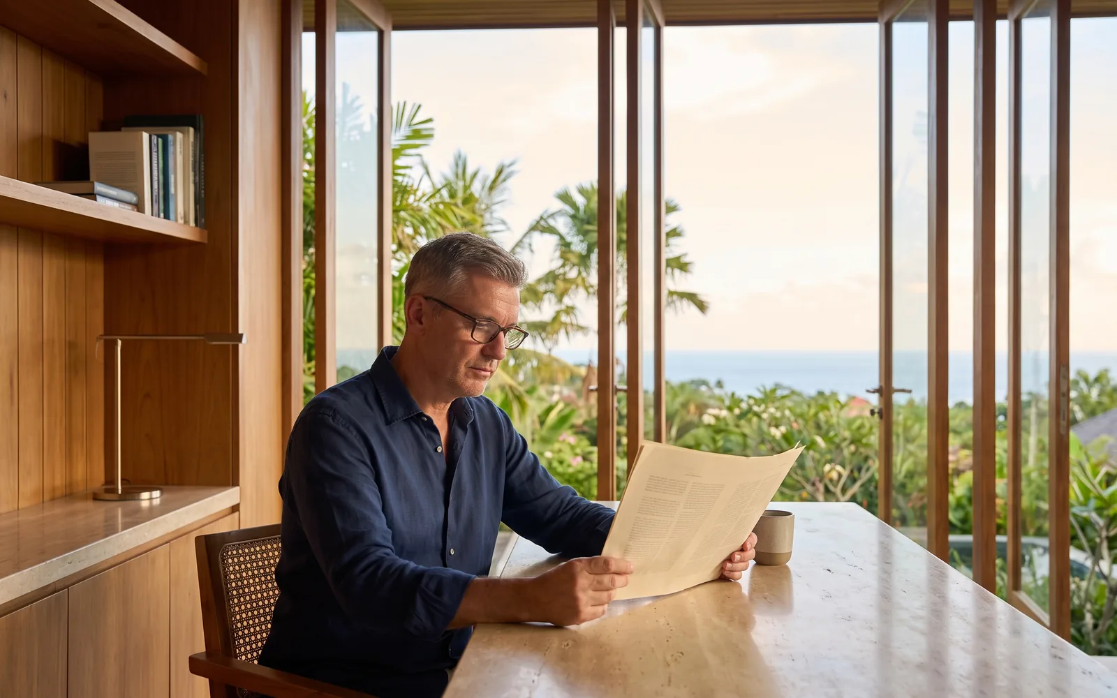 A senior executive looking out over the Bali skyline