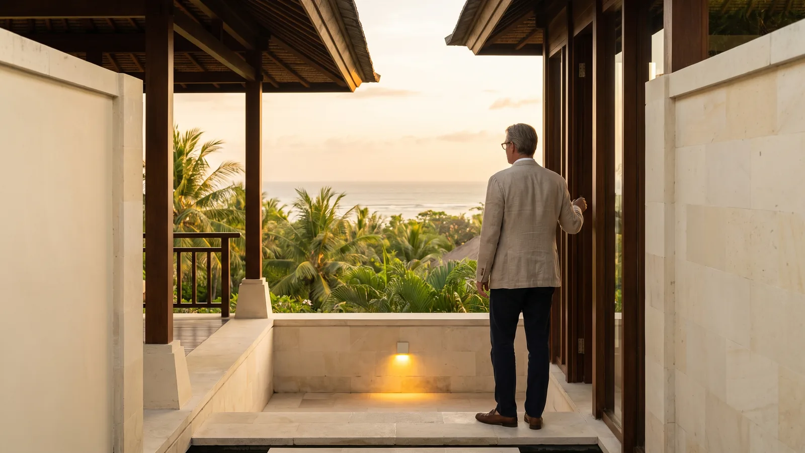 A composed senior executive walking through a bright business-district atrium in Bali
