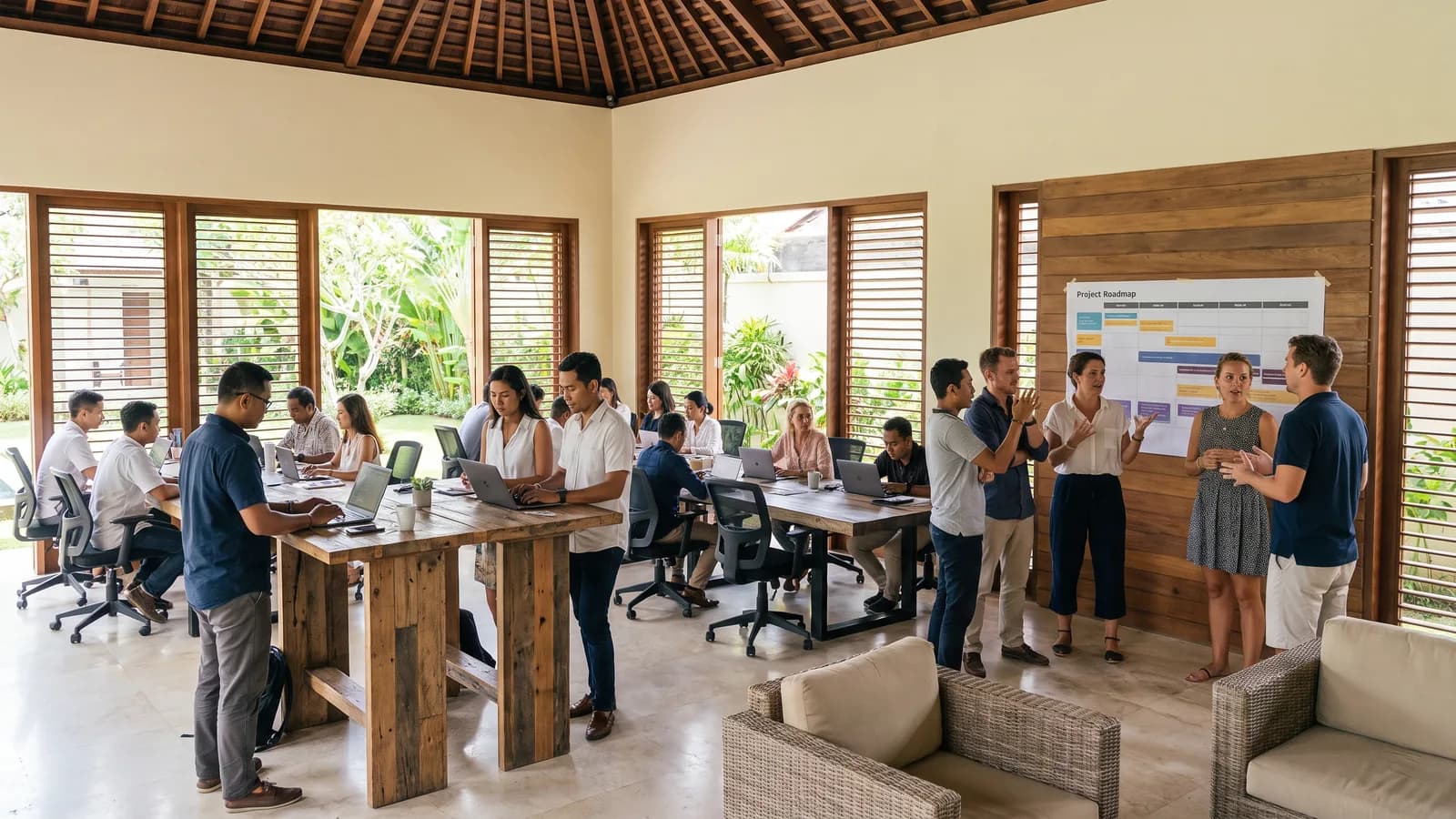A senior executive with quiet authority in a modern boardroom in Bali