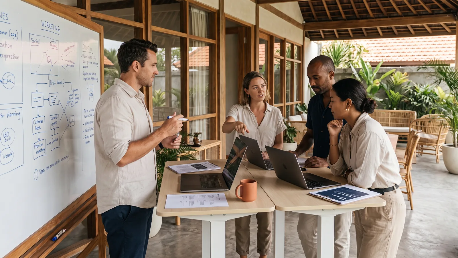 A founder and a senior executive reviewing work together in a bright workspace in Bali