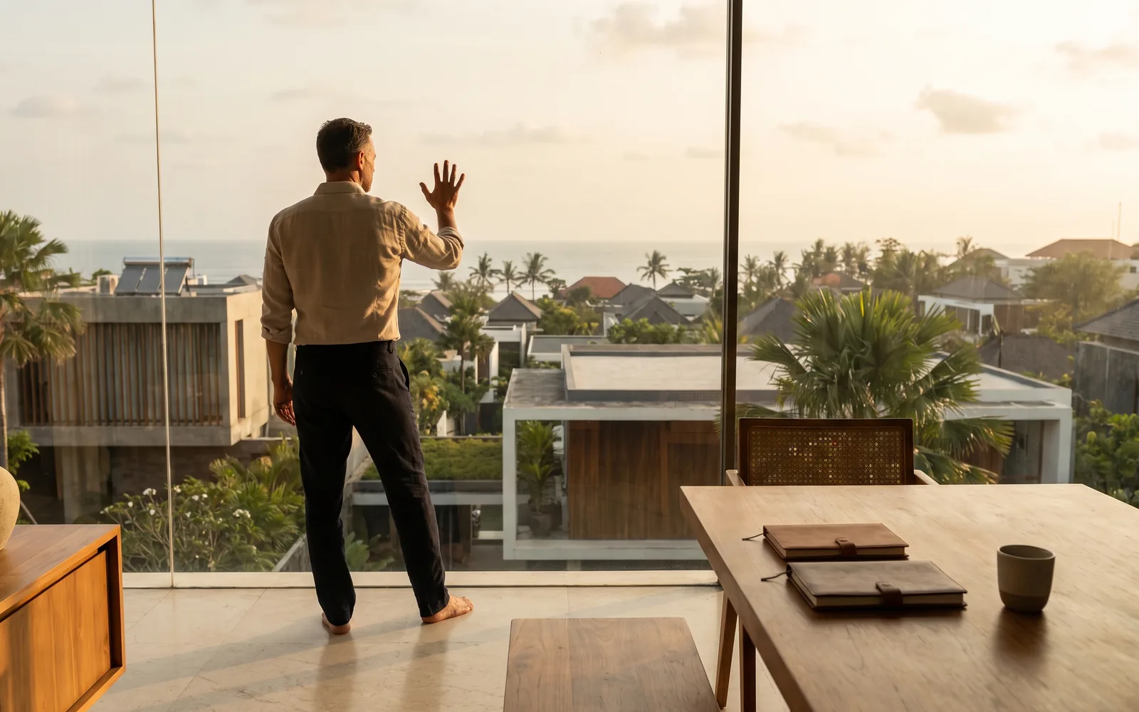 A senior executive in a calm, light-filled Bali office, the business district beyond the glass